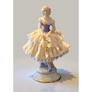 Antique German Sitzendorf Ballerina w/Fan, Blue, Red Dresden Porcelain Figurine